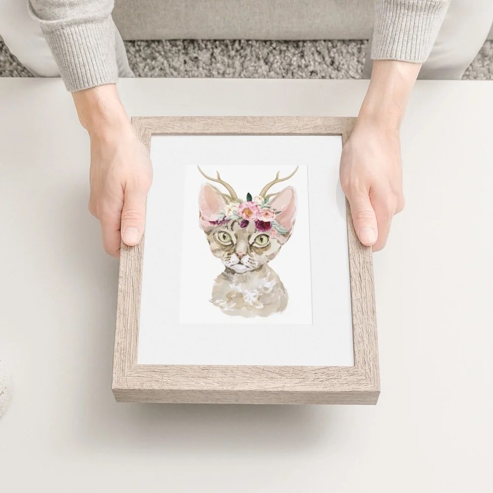 Watercolor Floral Devon Rex Cat Wall Art Illustration Print Poster Card Unframed - Picture 7 of 7